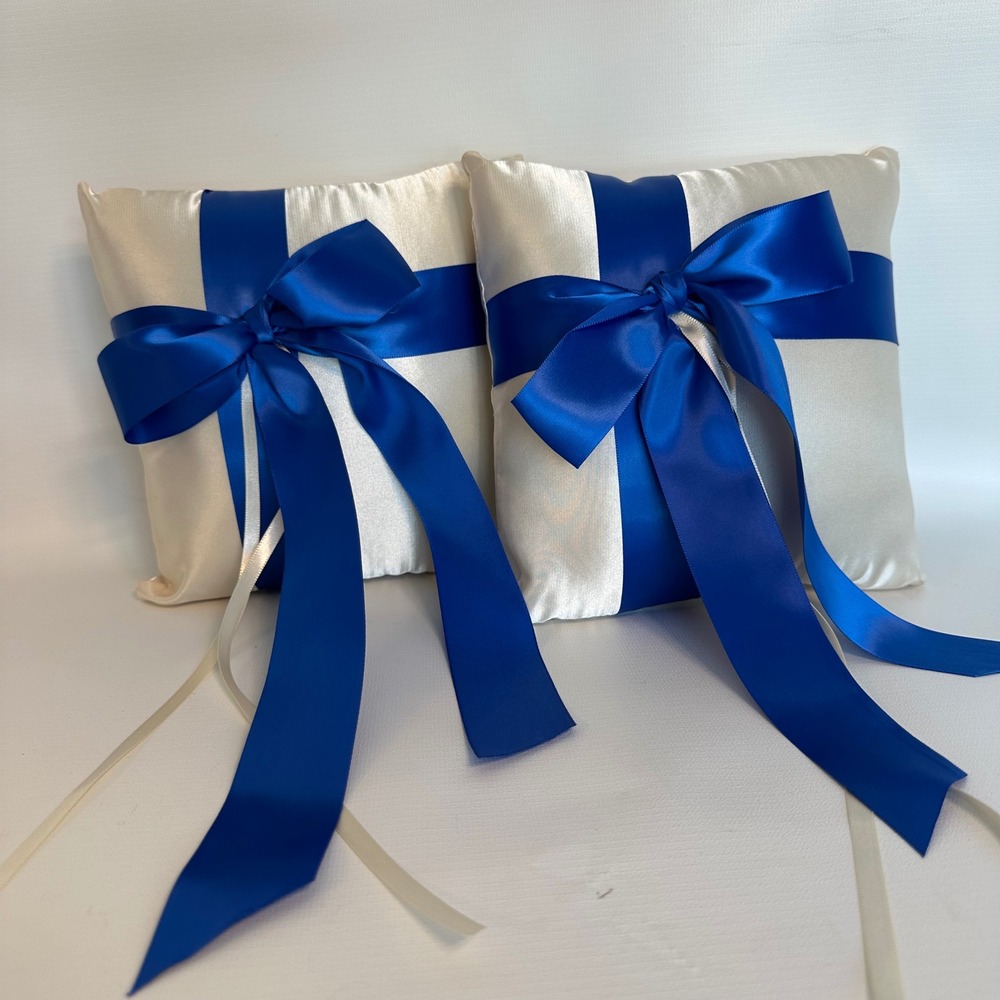 Wedding Ring Bearer Pillow Ivory Satin Royal‎ Blue Ribbon Bow Set of 2